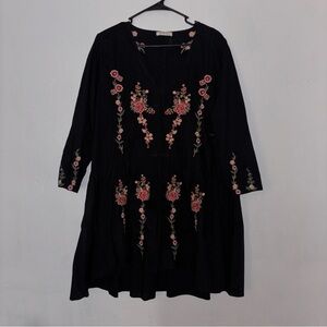 JJ’s Fairyland Black Floral Embroidered Boho Dress Size Large
